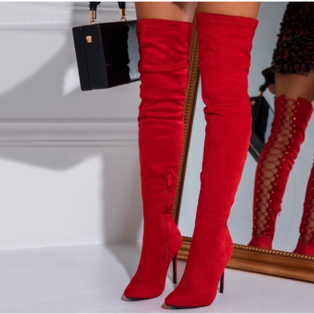 Red High Heel Open Back Corset Lace Up Thigh High Boot - Picture 2 of 11